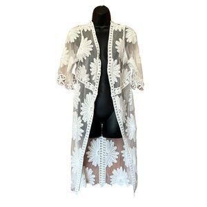 POL White Sheer Mesh Floral Embroidered Long Line Swimsuit Cover Up One